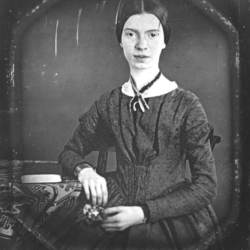 Emily Dickinson daguerreotype, showing the poet seated and facing the viewer, resting one arm on a desk