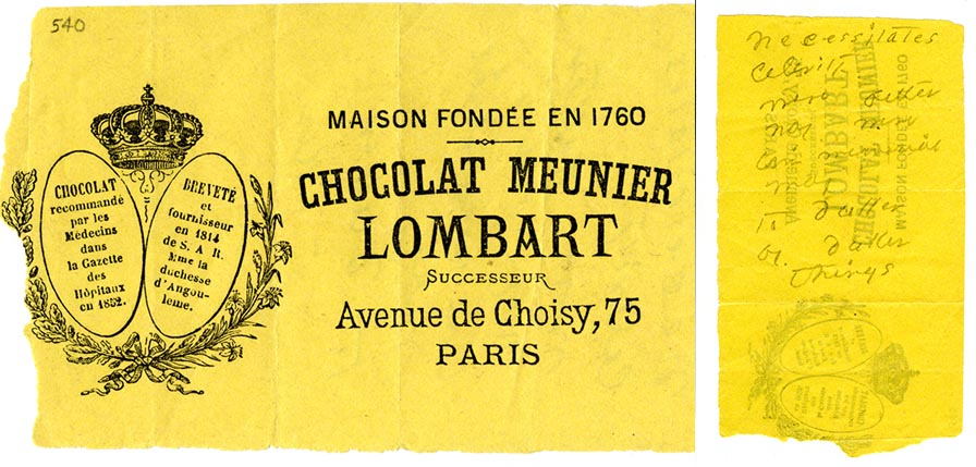 Yellow wrapper inscribed "Chocolat Meunier Lombart" with logo of a crown above oak & narcissus boughs. Pencil lines on back.
