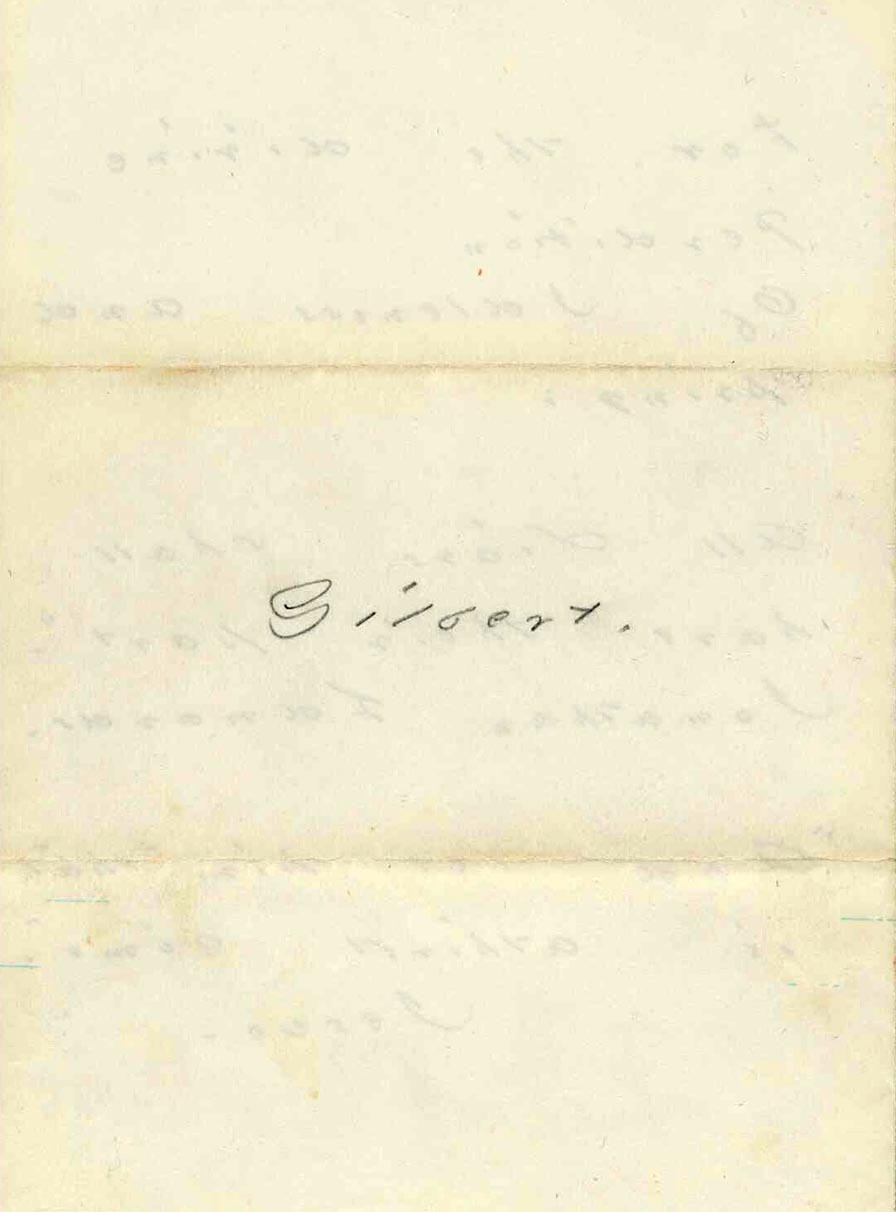 The back of an unfolded letter, with “Gilbert.” penciled between two creases. Traces of writing on the verso are visible. 