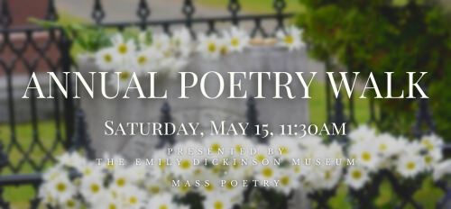 Annual poetry walk graphic which shows an image of Emily's tombstone with text that reads "Annual Poetry Walk. Saturday, May 15, 11:30 a.m. Presented by the Emily Dickinson Museum and Mass Poetry"