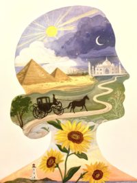 Silhouette illustration of Dickinson's head, with imagery from her poetry inside, including: sunflowers, a carriage, pyramids, the moon and sun