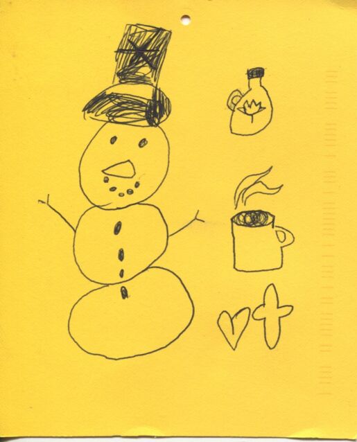 Postcard with ink illustration featuring a snowman, maple syrup, coffee, and symbols.
