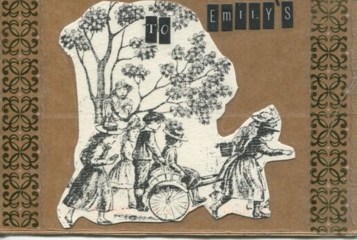 Postcard with collaged text and black ink illustration of children