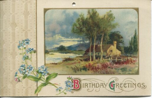 Postcard with birthday greetings, cottage, and natural scenery.