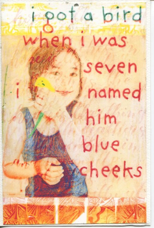 Color postcard with illustration of girl with bird