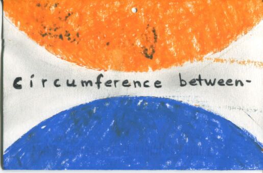 Postcard with text between colored orbs eclipsed