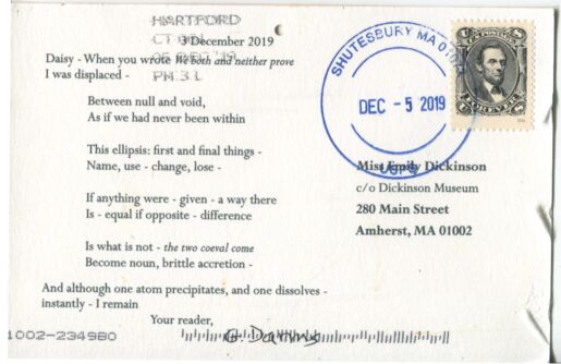 Postcard verso with typed letter/poem