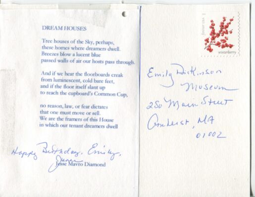 Postcard verso featuring printed poem and handwritten text