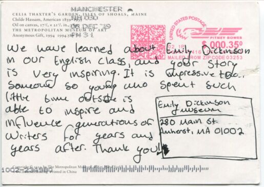 Postcard verso with inscription in black ink