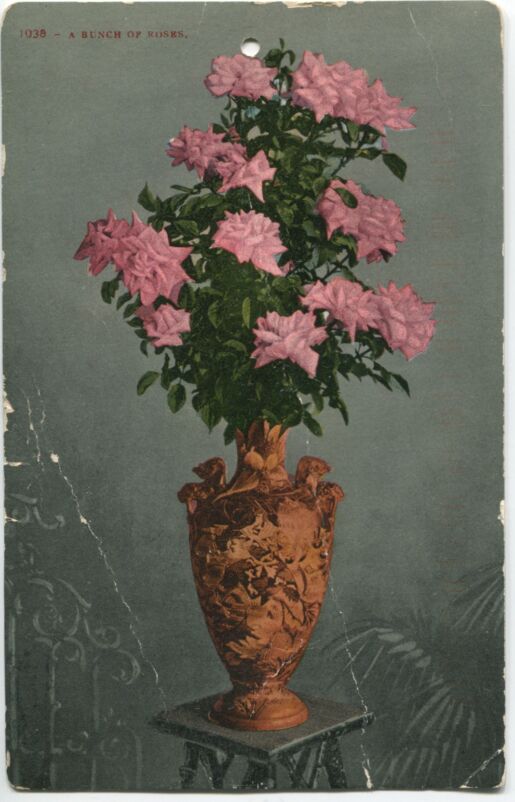 Color postcard with roses in vase