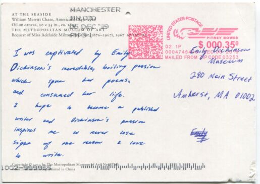 Postcard verso with inscription in blue ink