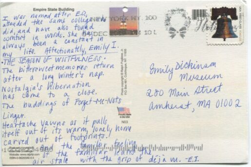 Postcard verso with inscription in blue ink