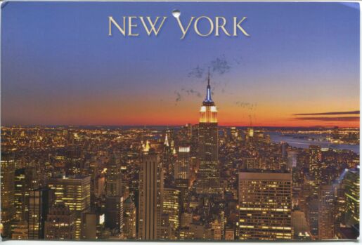 Postcard of New York skyline at sunset