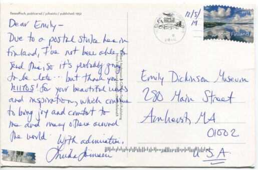 Postcard verso with inscription in blue ink