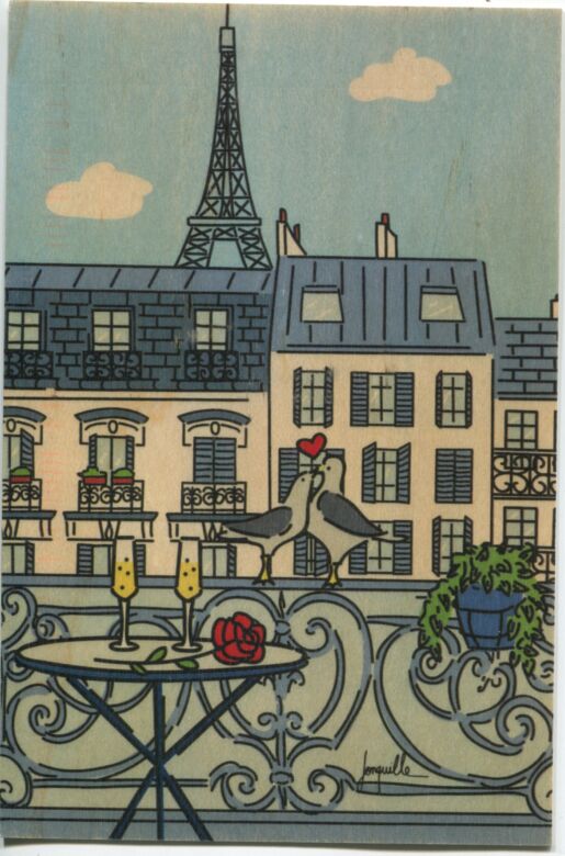 Color postcard of Paris, balcony, and birds