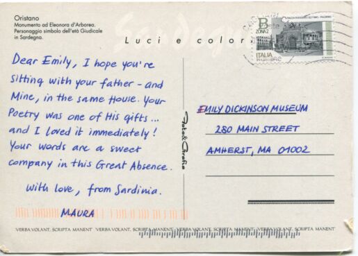 Postcard verso with handwritten inscription in blue ink