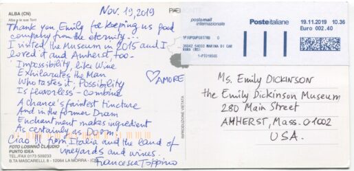 Postcard verso with inscription in blue ink