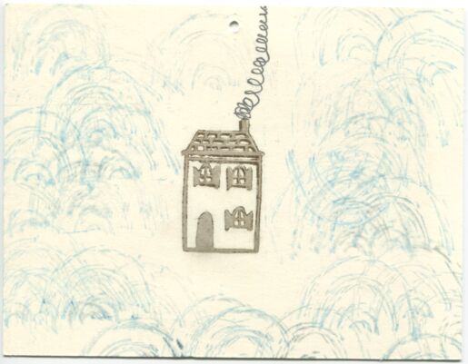 Postcard with house and smoke pluming out of chimney