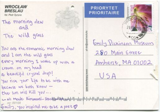 Postcard verso of inscription in purple ink