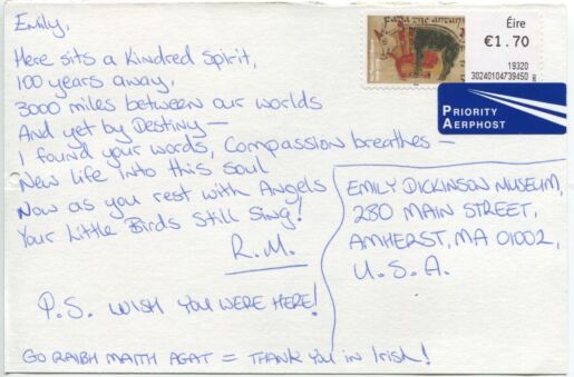 Postcard verso with inscription in blue ink