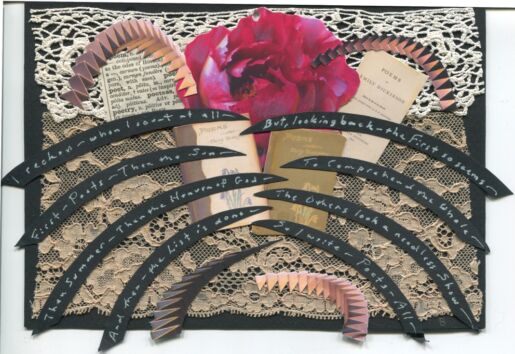 postcard with a paper collage of flower books and words on lace fragments