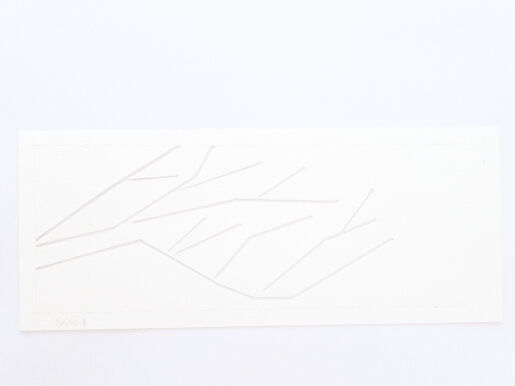A series of lines are etched into white paint on canvas, in an almost tree-branch like pattern