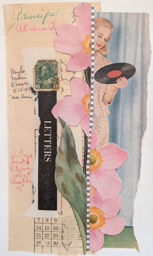 Inspired by poem F168, 'Ah, Necromancy Sweet!' A colorful mixed media collage featuring a vintage image of a woman holding a record, flowers, a page from what appears to be a heavily notated planner, and a Canadian stamp.