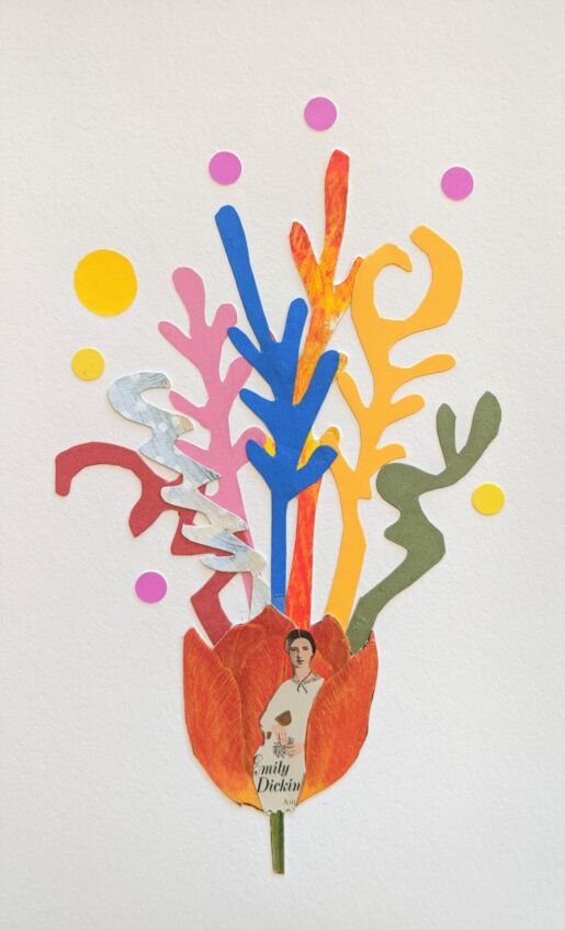 Inspired by poem F111, 'Artists wrestled here!' A colorful collage - Emily is sitting inside a tulip from which many multicolored vinelike lines of color are sprouting