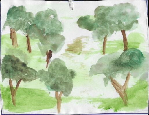 Postcard face on which an image of several trees has been painted in watercolor