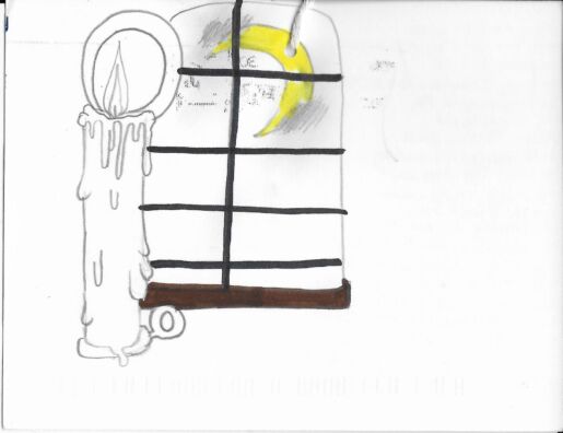 Postcard face featuring a pencil and marker drawing of a lit candle in front of a window, through which a crescent moon can be seen