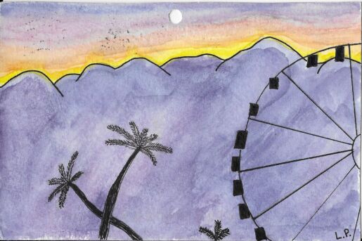 Postcard face featuring a painting of palm trees and a ferris wheel in front of mountains, painted in watercolor with pen detail