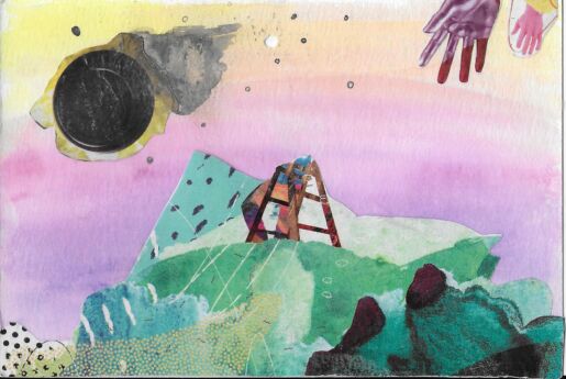 Watercolor and mixed media postcard depicting a surreal landscape