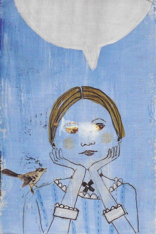 a handmade postcard depicting Dickinson, lost in thought, with a wren perched on her shoulder