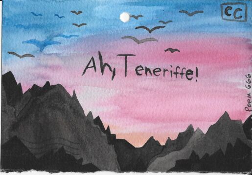 Postcard face featuring a painting of a sunset and the words "Ah, Teneriffe!"
