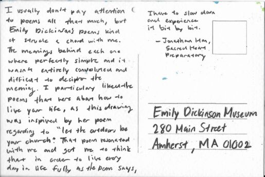 Postcard verso featuring a handwritten inscription in black ink
