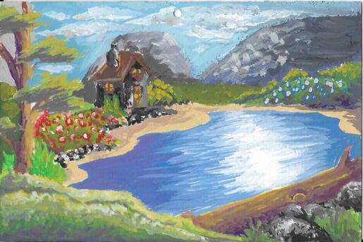 Postcard face featuring a painting of a cottage by a lake