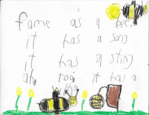Postcard face featuring crayon and pencil drawings of bees, and a handwritten inscription in pencil
