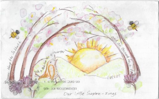 Postcard face featuring a watercolor painting of an orchard, bees, and a bird singing the lines "some keep the sabbath", "a bobolink for a chorister", "an orchard for a dome" and "our little Sexton - sings"