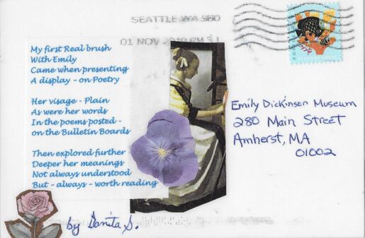 postcard verso with collage elements and computer-printed inscription in blue ink