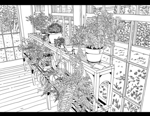 This is a printable coloring sheet featuring Emily Dickinson's conservatory.