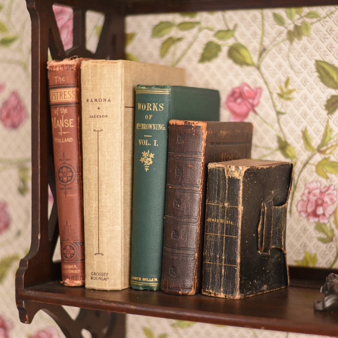 a close up of books on dickinson's shelf