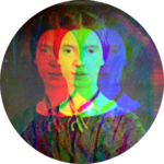 Dickinson's daguerrotype tripled and colored in yellow blue and red
