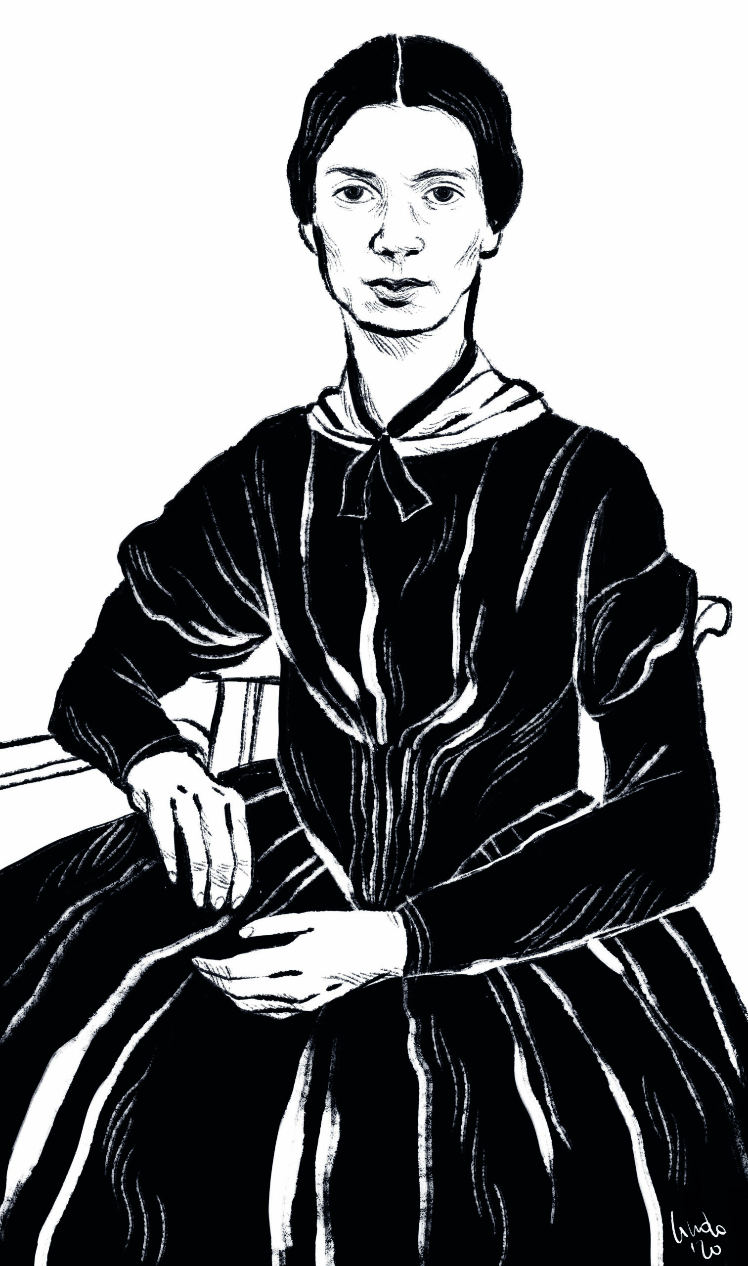 A black ink drawing of Emily Dickinson, in the style of her famous daguerreotype