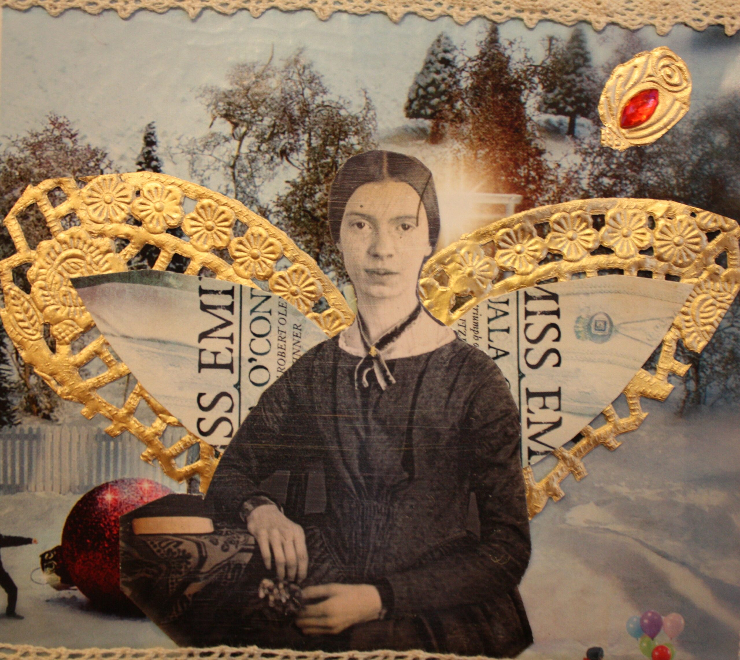 An image of Emily is collaged with music, text, a landscape of pine trees and gold edging to form wings behind her