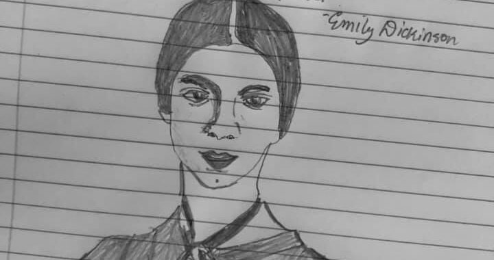 A pencil sketch of Emily Dickinson on ruled paper, with the text of Emily's poem beginning "In this short life . that only lasts an hour" above