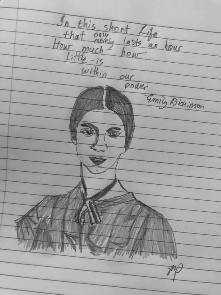 A pencil sketch of Emily Dickinson on ruled paper, with the text of Emily's poem beginning "In this short life . that only lasts an hour" above