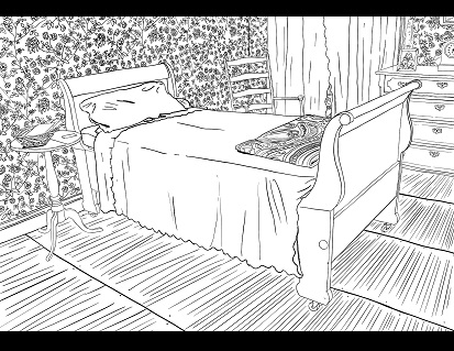 This is a printable coloring sheet of Emily Dickinson's bedroom in the Homestead. It features her wallpaper, floor mats, her bed and shawl.