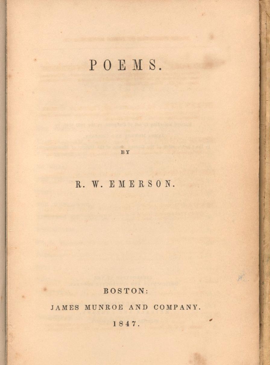 Yellowed book title page printed: "Poems. by R.W. Emerson. Boston: James Munroe and Company. 1847."