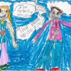 color postcard featuring a crayon and pencil drawing of two people talking. Person one says "I'm nobody who are you?", and person two replies, "I'm nobody. That means we are a pair"