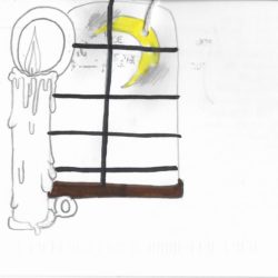 Postcard face featuring a pencil and marker drawing of a lit candle in front of a window, through which a crescent moon can be seen